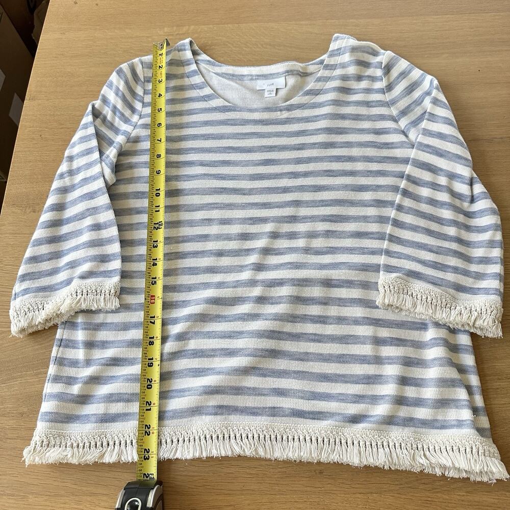 J. Jill Tunic Shirt S White Blue Lagenlook Fringe Hem Stripe Coastal 100% Cotton - Picture 11 of 11
